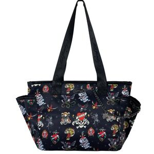 Ed Hardy Black Tattoo Print Thermal Insulated Lunch Tote Bag with Container